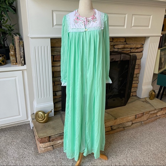 Vintage peignoir set mint green with white lace and pink rosebuds size small - Picture 6 of 8